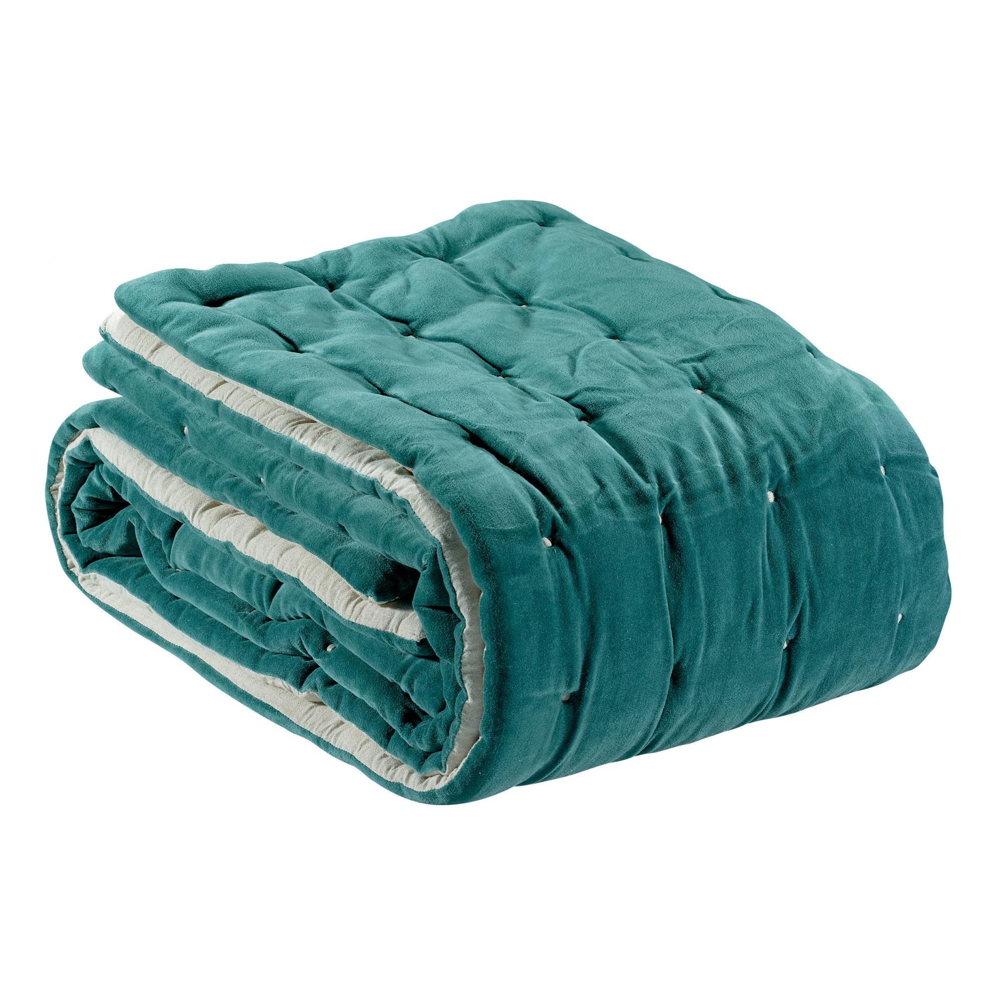 Jeté uni Elise finition capiton Vert de gris 240 x 260